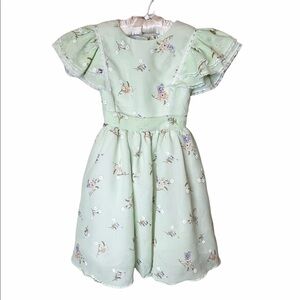 Vintage 60s Girls Light Green Metallic Floral Ruffle Sleeve Dress